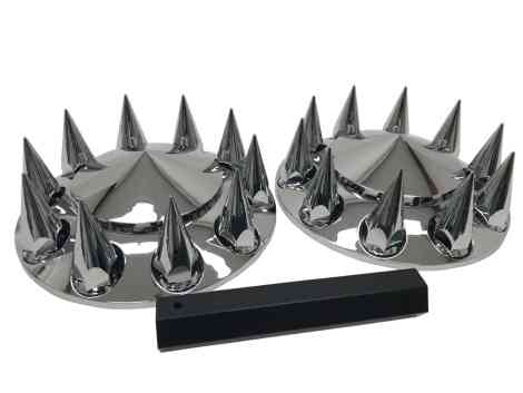 Front axle cover kit with spiked lug nut covers front view.